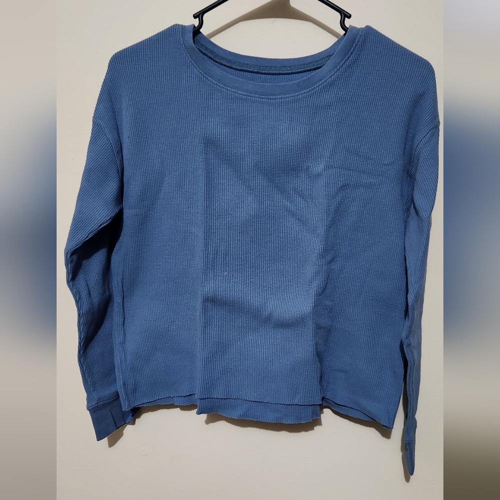 Casual Blue Ribbed Long Sleeve Top
